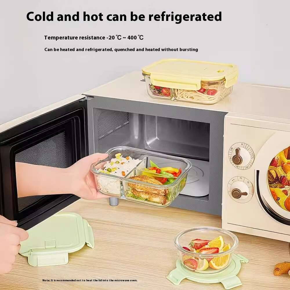A set of glass lunch boxes that can be heated in microwave have dedicated paron lid for office workers. They come with food box and a fresh-keeping be