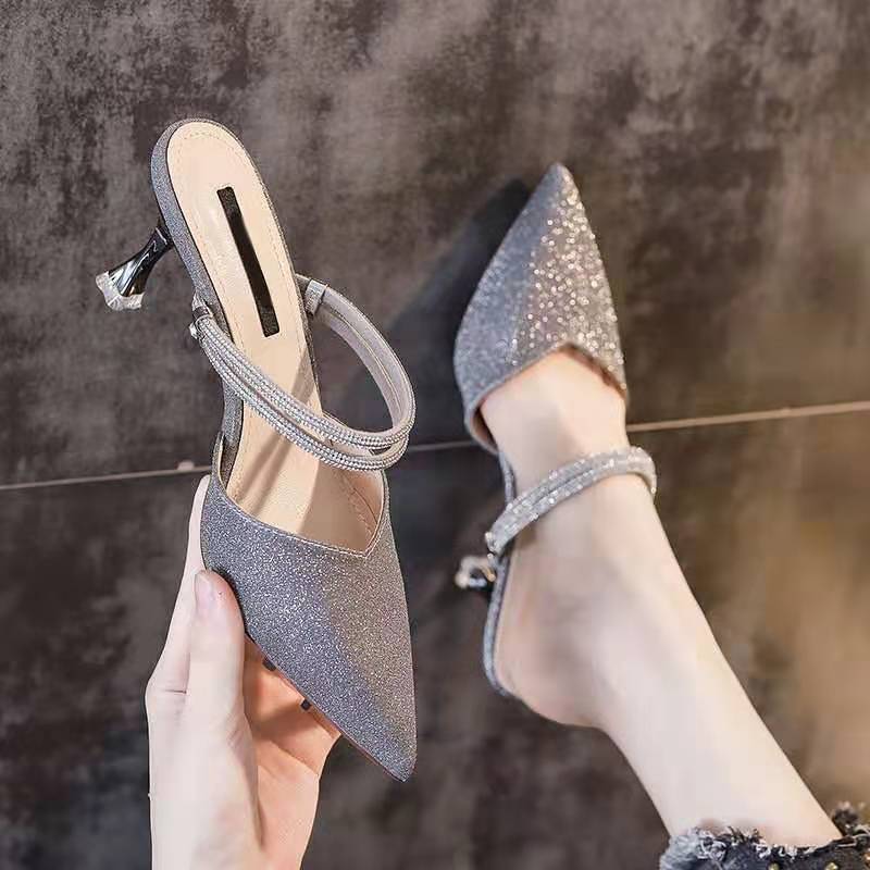 2025 new Toe-Covered Women's Pumps High Heels 2023 new Spring Summer Two-Way Pointed Toe Outer Wear Half Slippers Fashion Sandals 5f5a