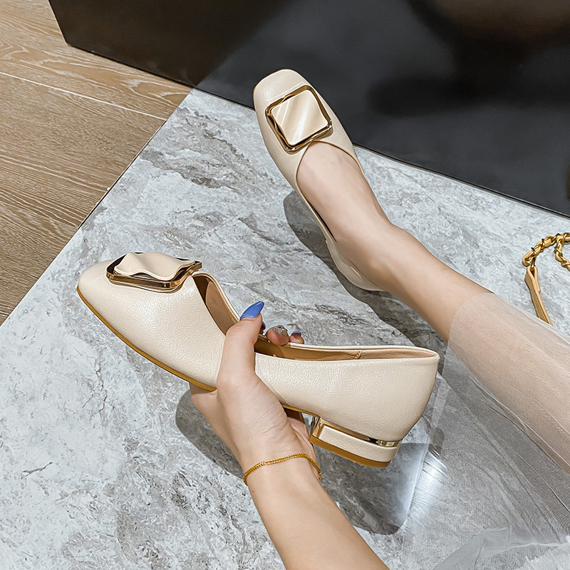 Women Low Thick High Heels Shoes Luxury Buckle Pumps Ladies Square Toe Mary Janes Solid Leather Tacones Mujer Office Dress Shoes