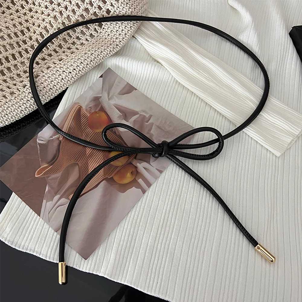 New dress jacket with decorative tray and thin waist belt suitable for plain color PU leather ultra-thin belt retro bow long waist chain X250410