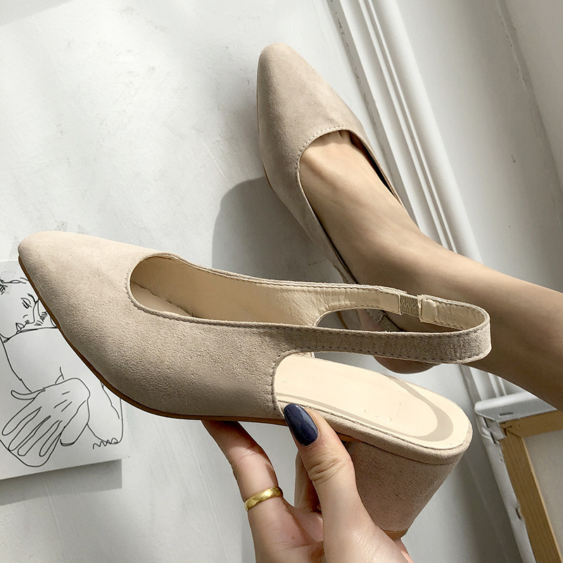 Beige Suede Pointed Elegant Elastic band Pumps Shallow Mouth Women's Square heel New Shoes Dating Office Wild female shoes yui 7ea5
