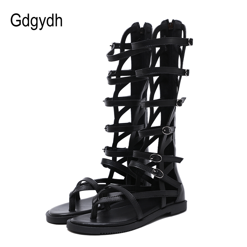 Fashion Buckle Gladiator Sandals Women Flat Sandals High Knee Flip Flops Female Summer Shoes With Zipper Black Leather
