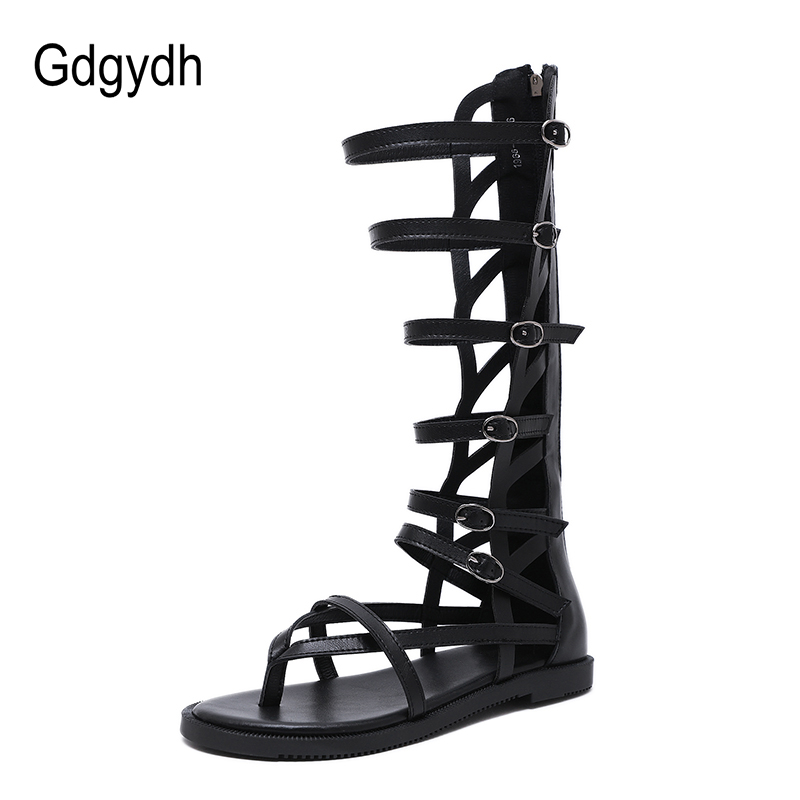 Fashion Buckle Gladiator Sandals Women Flat Sandals High Knee Flip Flops Female Summer Shoes With Zipper Black Leather