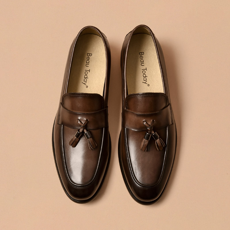 BeauToday Penny Loafers Men Genuine Cow Leather Tassel Decoration Male Slip On Round Toe Fashion Gentlemen Shoes Handmade 50045
