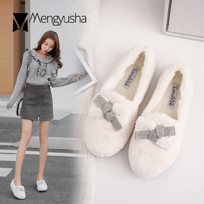 9c338 winter Crystal loafers fur bow-tie slip on moccasins warm round toe flats creepers plush comfort furry cotton shoes women ry cott