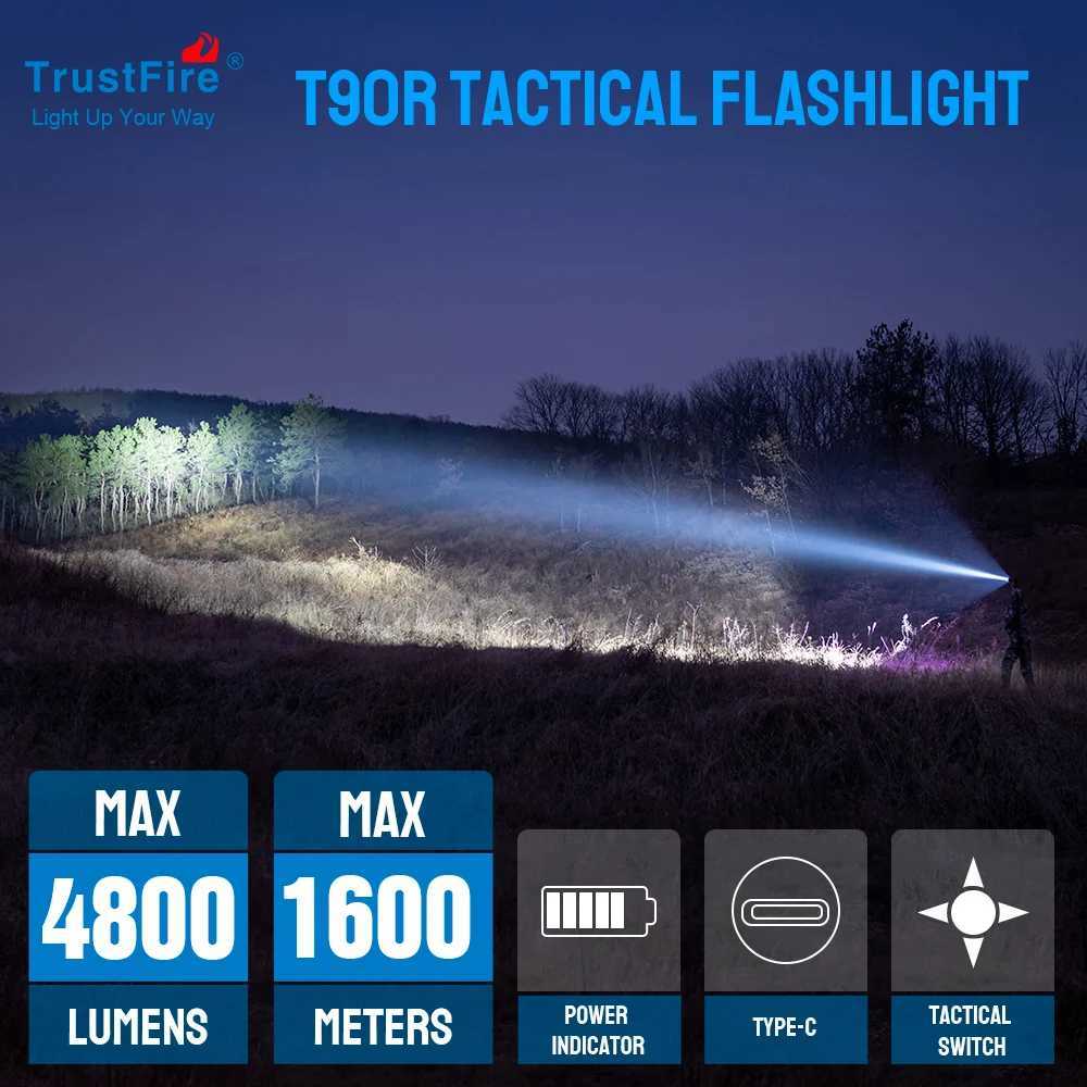 Trustfire T90R Hunting Flashlight Power 4800 Lumens 1600Meter LED Flashlight High Power USB C Charging Military Light Self DefenseW240902