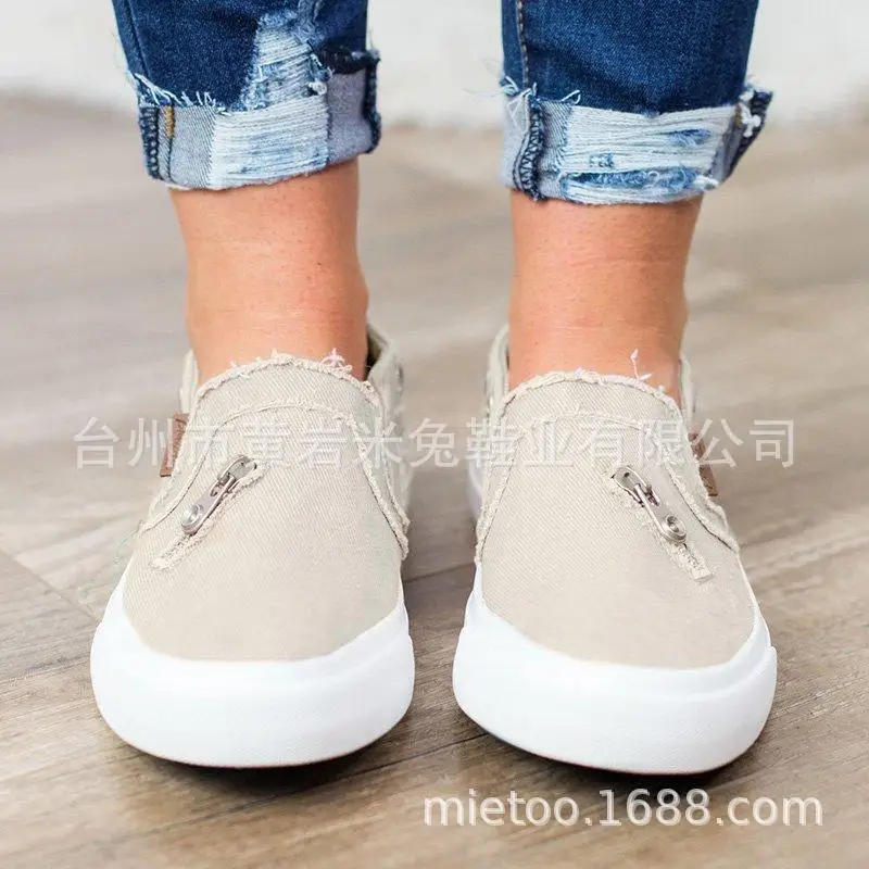 2025 NEW Slip ons Women s Denim Canvas Zip Loafers Solid Color Casual Fashion Light Ladies Board atos De Mujer Platform Sneakers b