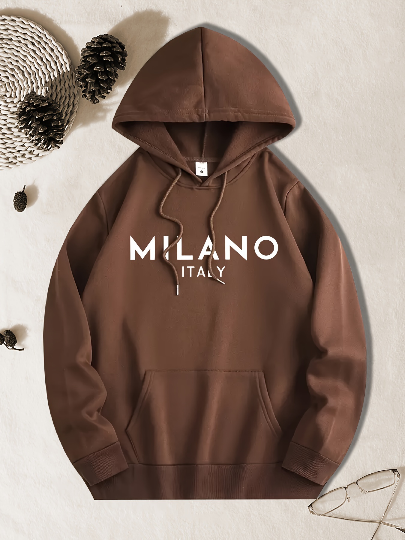 MILANO ITALY Letter Print Men's Long Sleeve Hoodie, Drawstring Hooded Sweatshirt With Kangaroo Pocket, Casual Comfortable Versatile Top For Autum