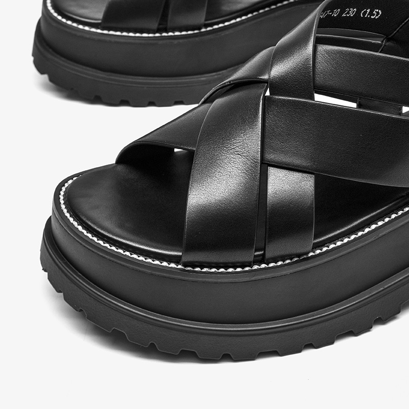 BeauToday Chunky Sandals Gladiator Women Cow Leather Round Toe Weaving Back Strap Summer Beach Female Platform Shoes 32347