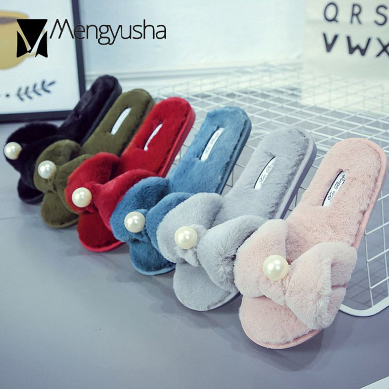 Indoor Women furry slippers girls big pearl bow-knot fur slides ladies plush winter shoes cozy warm home cotton pantuflas