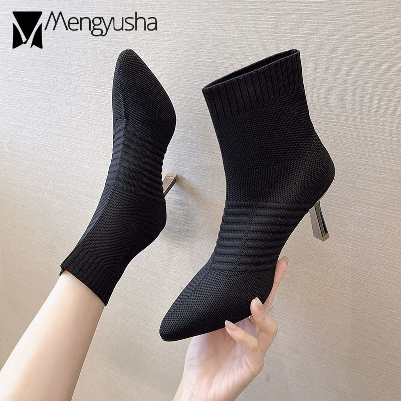 Autumn Sexy Women Pointed toe Ladies Mid-calf Boots Stretch Fabric High Heels Booties 2023 Stripe Sock Female Botas Shoes bfe3