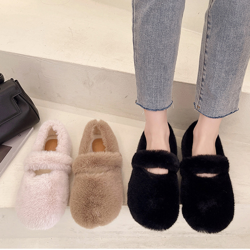Belt 5b42d 2022 Mary Fairy Jane Shoes Woman Winter Cotton Ballets Rabbit Hair Loafers Femme Warm Fluffy Fur Flats Ladies Mocasines