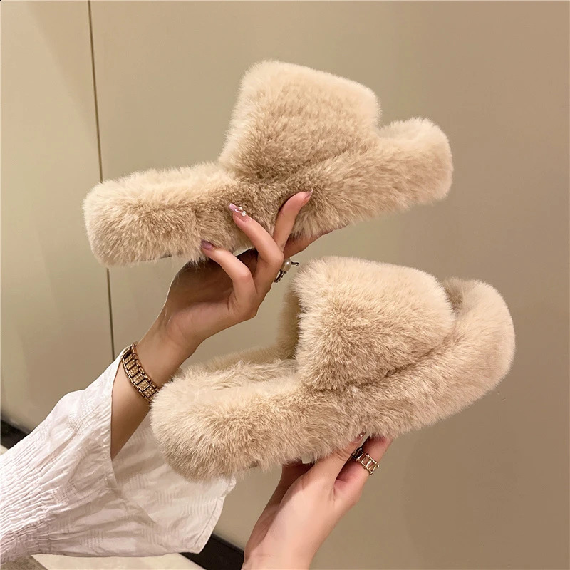 Fur Slippers Winter Platform Fluffy Slippers Furry Sabot Hairy Plush Women House Home Flat Cozy Fuzzy Indoor Shoes Casual 250226