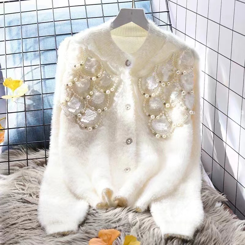 Womens O-Neck Mohair Wool Knitted Sweater Paillette Sequined Beading Rhie Patched Cardigan Real Fur Short Coat