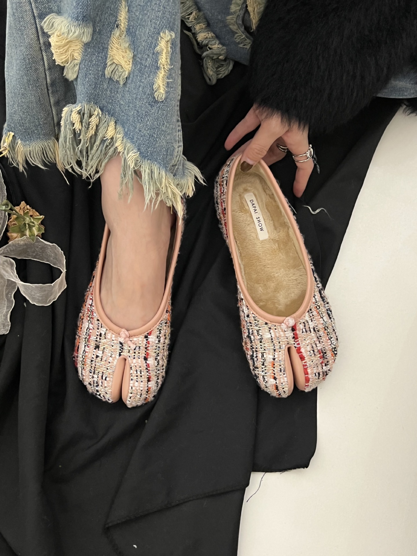 Cotton Fur 2023 Tabi c5bf6 Ninja Shoes Women Trotters Flats Split Toe Houndstooth Loafers Japan Ladies Lolita Mocasines Femmes Ballets