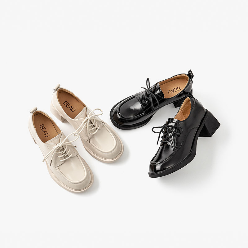 BeauToday Oxfords Pumps Women Round Toe Lace Up Hoof Heel Retro Genuine Leather Casual Outdoor Female Shoes Handmade 21649