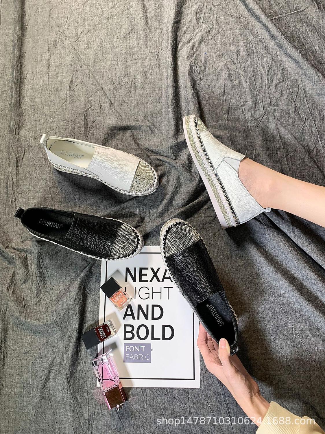 New Women a74f6 Espadrilles Crystal White Leather Fishermen Flats Ladies Girls Casual Loafers Mixed Colors Cowhide Shoes