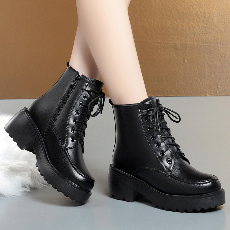 Women's Winter Shoes Boots High-heel Platform 2024 New Genuine Leather Women's Ankle Boots Wool Large Size Marton Boots Women