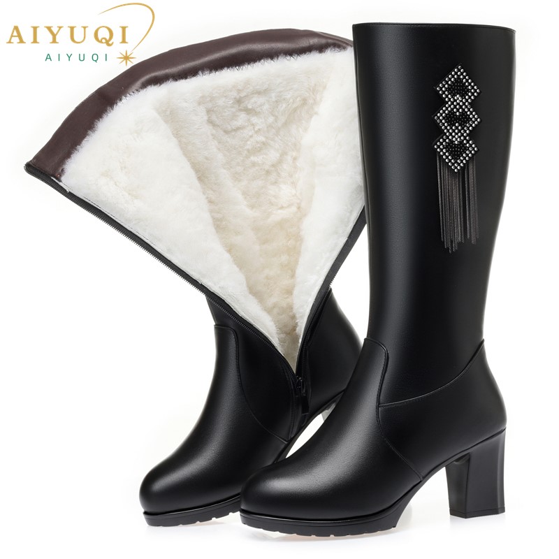 AIYUQI Women's Boots High Heel Winter Genuine Leather Natural Wool Warm Women Dress Boots 2024 New Tassel High Boots Ladies
