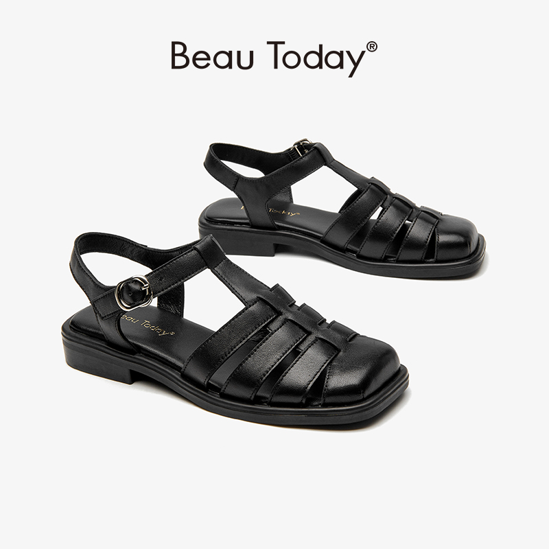 Sandals Beautoday Women Genuine Sheepskin Leather Low Heel New Round Toe Shoes Ladies Gladiator for Summer Handmade 33084 9918
