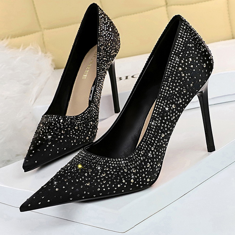 BIGTREE Shoes Sparkle Rhinestones Women Pumps Luxury High Heels Satin Women Shoes Fashion Wedding Shoes Metal Heel Stiletto 2023