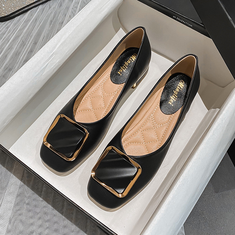 Women Low Thick High Heels Shoes Luxury Buckle Pumps Ladies Square Toe Mary Janes Solid Leather Tacones Mujer Office Dress Shoes