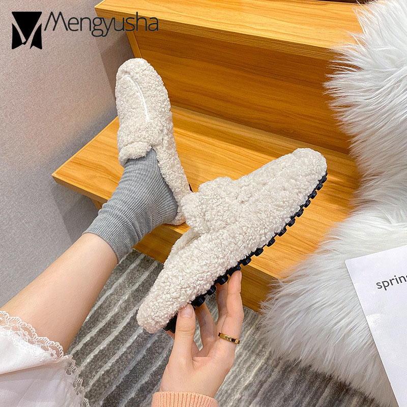 Women Winter House Lamb Fur Fashion Warm Shoes Woman Slip on Flats Female Slides Round toe Cozy Home Furry Slippers ry pers