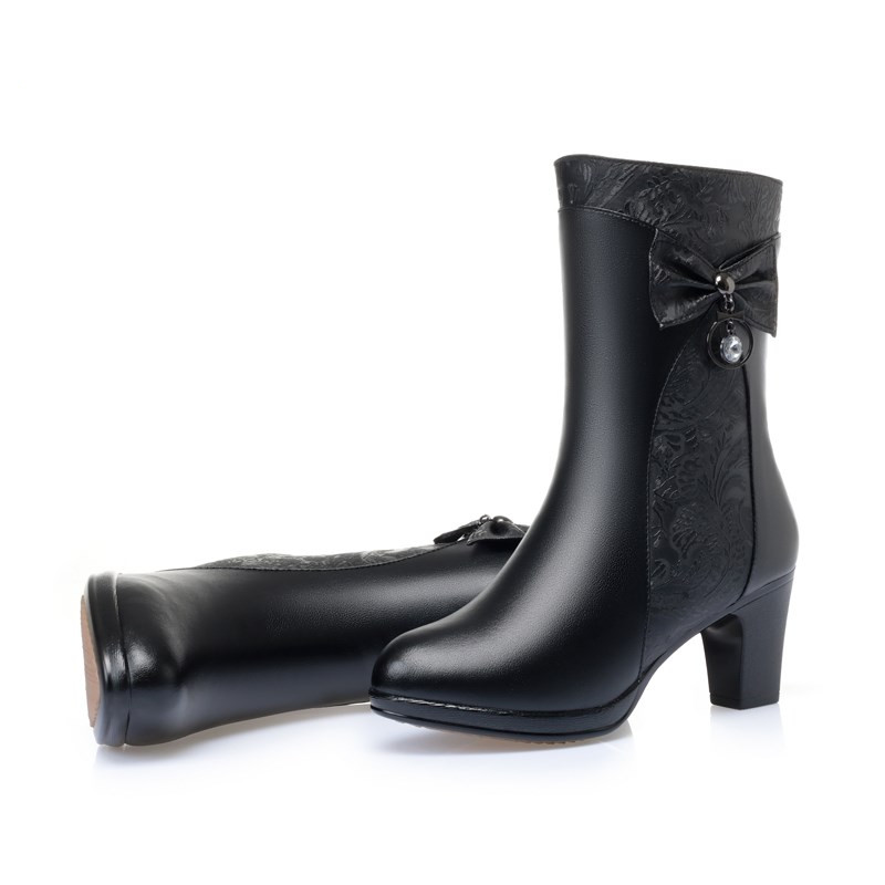 Winter AIYUQI Women Wool Keep Warm 2024 New Genuine Leather Shoes Woman Bow Female Fashion Boots Thick Heel 5685