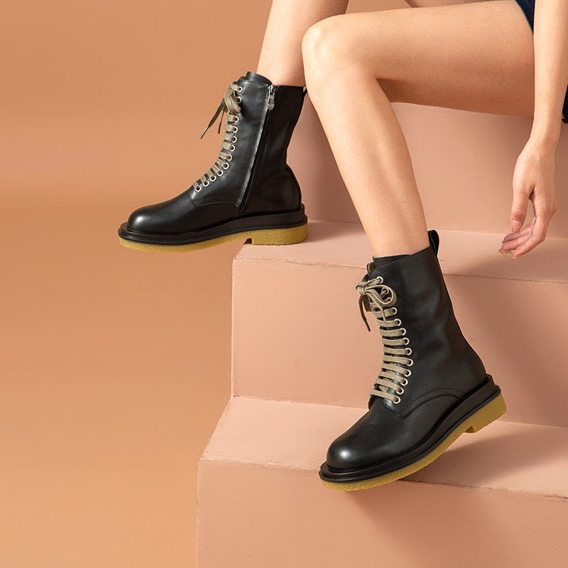 Mid-Calf BeauToday Boots Women Genuine Cow Leather Side Zip Lace Up Female Platform Lady Autumn Winter Shoes Handmade 03517 83bd