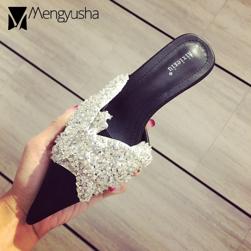 designer brand Silk Crystal Mule Shoes Pointed Toe Low Heel Women Slides Beach Flipps Bg Glitter Summer Slippers 7bd