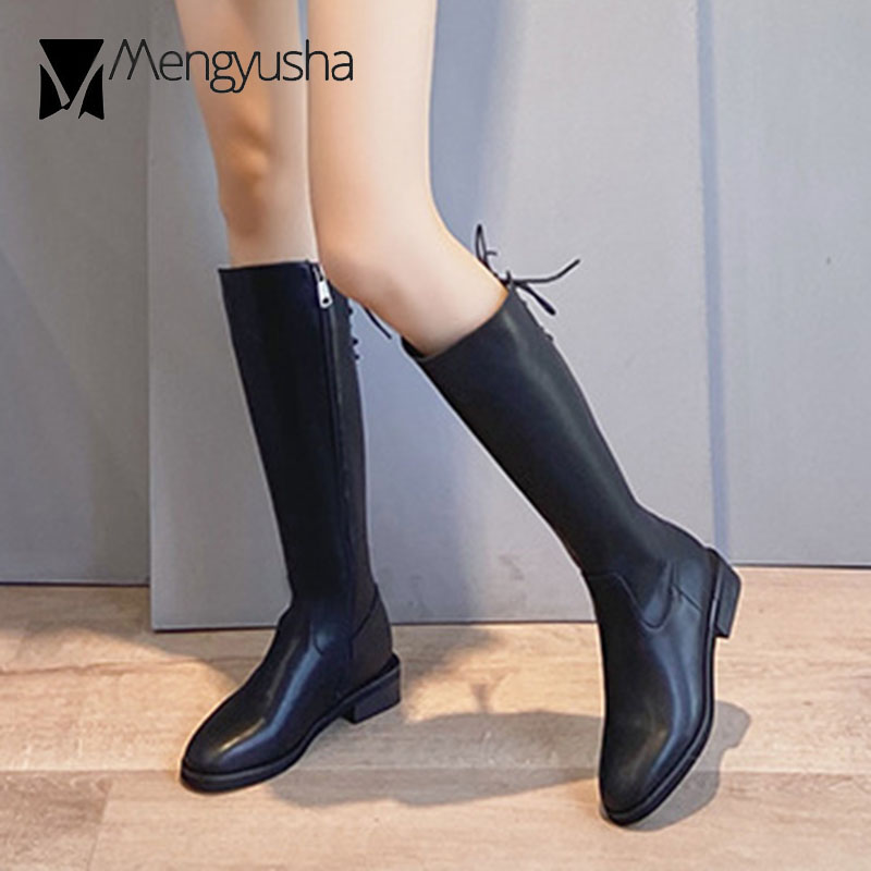 knight Long Tube boots women lace up&zipper motorcycle bottes femme plush winter shoes stovepipe knee-high botas de mujer 2024 ad20