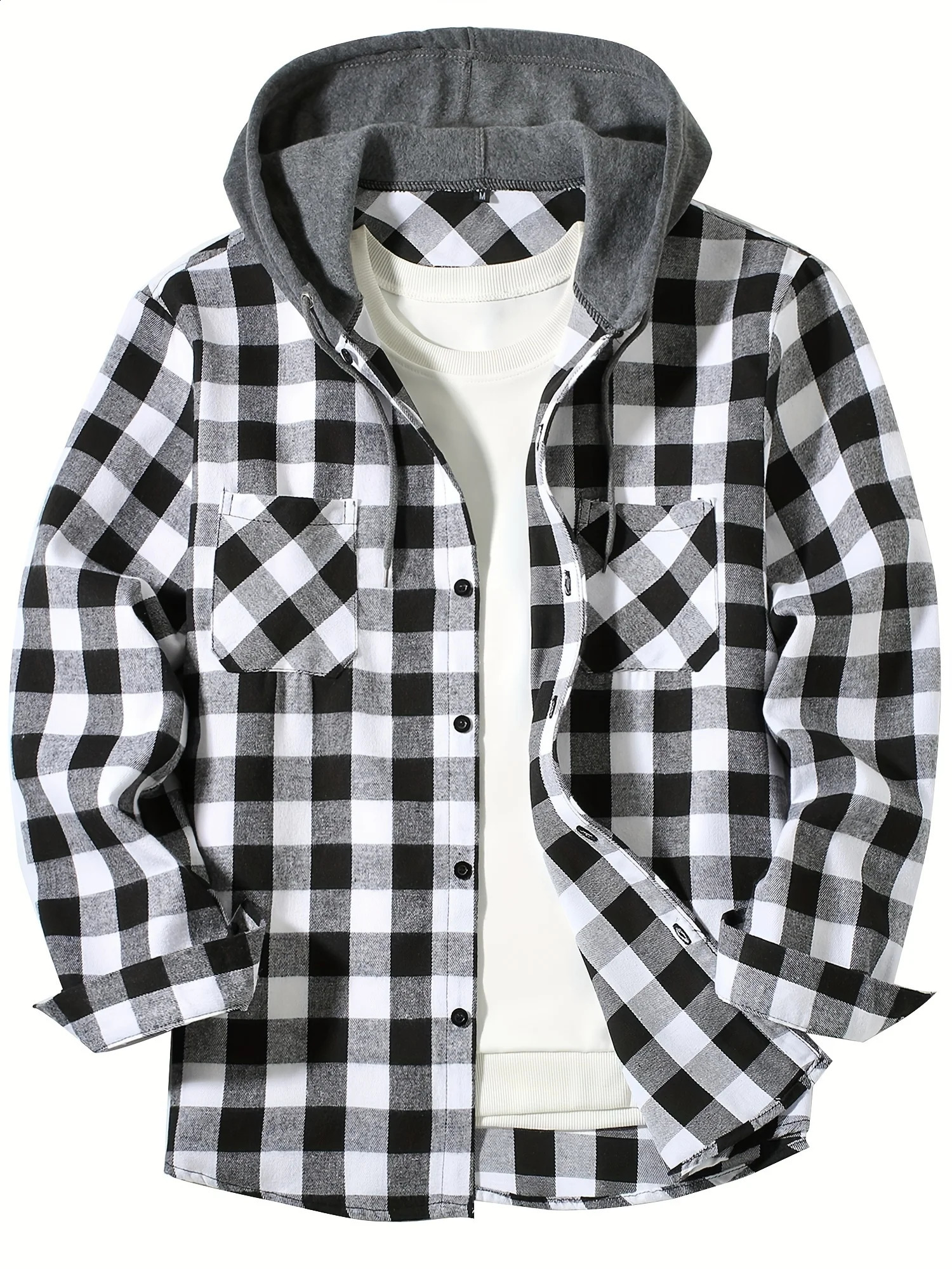 Coat Spring and Autumn Mens Loose Plaid Hooded Shirt Large Size Fashion Casual Long sleeved Shirt Street StyleS-3XL 240902 - view 6