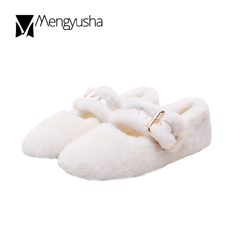 strap flats 06250 Metal buckle women shallow round toe loafers 2023 white wool fur cotton moccasins winter mary janes shoes woman