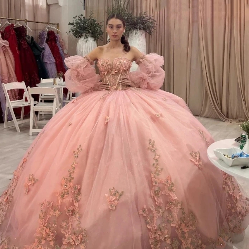 Pink Quinceanera Dresses Ball Gown 3D Bow Beaded Crystal Tull Detachable Puffy Long Seeve Sweet 16 Dress Vestido De 15 Anos