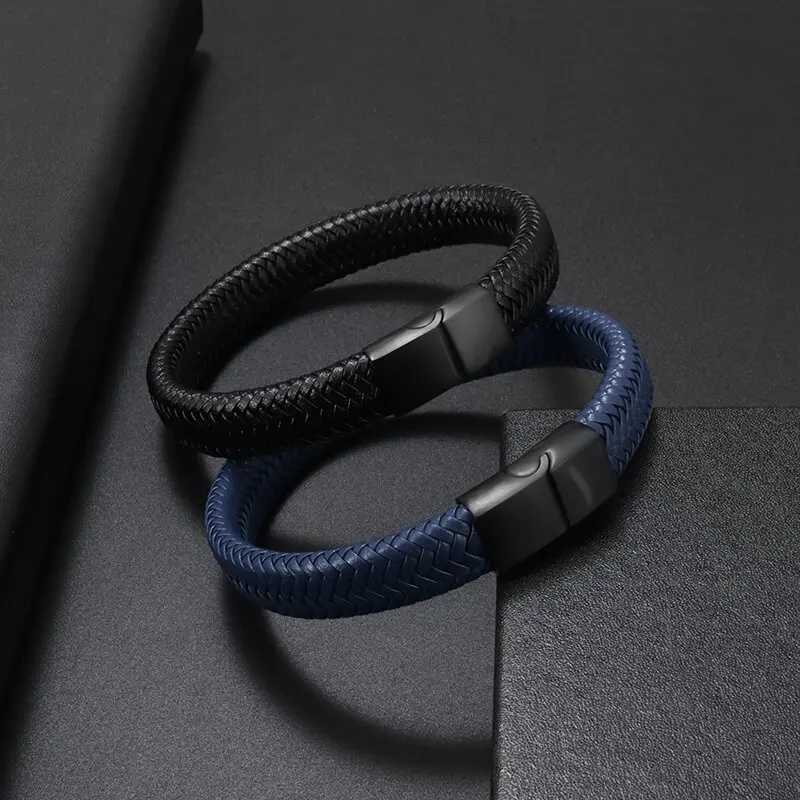 Simple style mens handmade leather bracelet black high-quality metal buckle fashionable casual wristband gift W240830