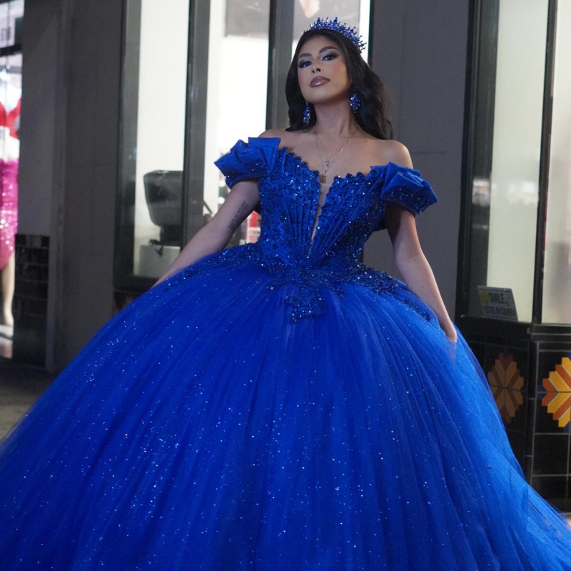 Royal Blue Shiny Ball Gown Quinceanera Dresses 2025 Beads Crystal Tull Tiered Princess Mexico Sweet 16 Dress 15 Birthday Vestidos De XV Anos