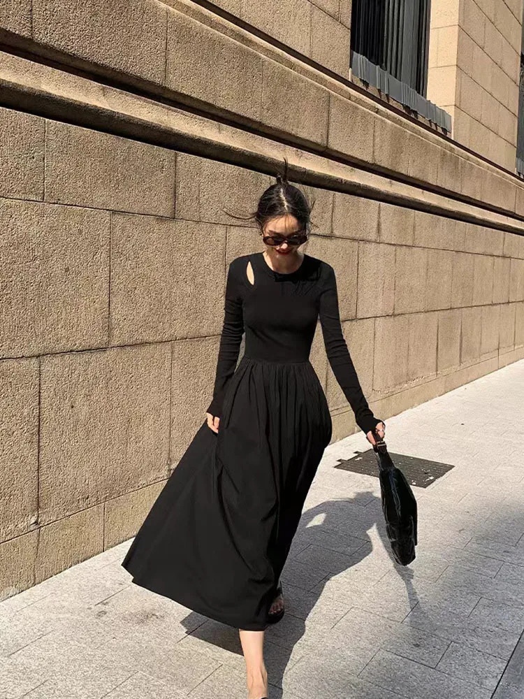 Retro hollow black dress womens autumn elegant Hepburn style O-neck Midi dress Y2K Harajuku Korean style patchwork one line dress 240902