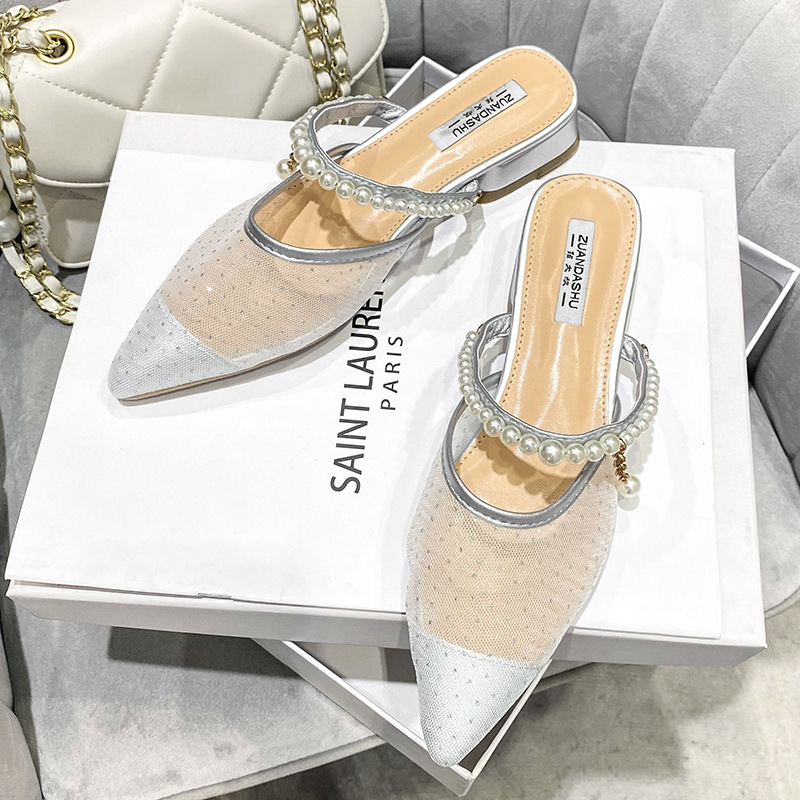 gold/silver glitter lace women slippers pointed toe pearl ankle band slides shoes female thick heel mesh mules flip flops size42