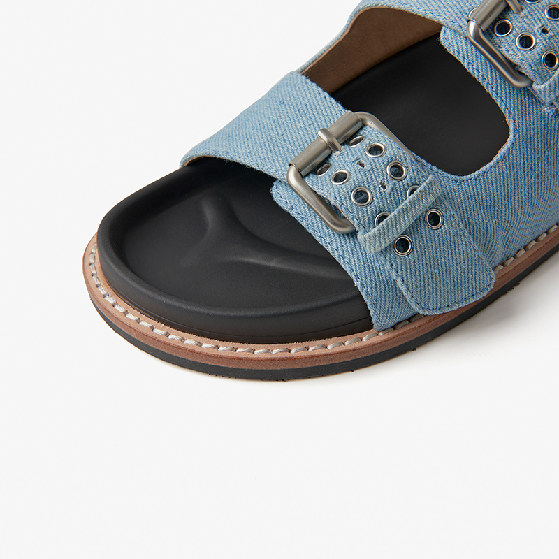BEAUTODAY Fashion Sandals Women Denim Light Blue Metal Buckle Casual Flats Beach Summer 2023 Ladies Shoes Handmade 34037