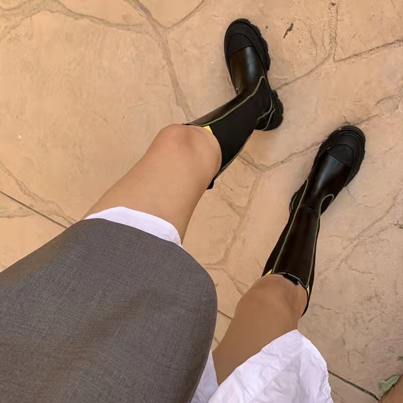 Gothic Platform 2022 Long Women Knee High Shoes Black Mid Calf Round Toe Slip on Riding Boots 7d49