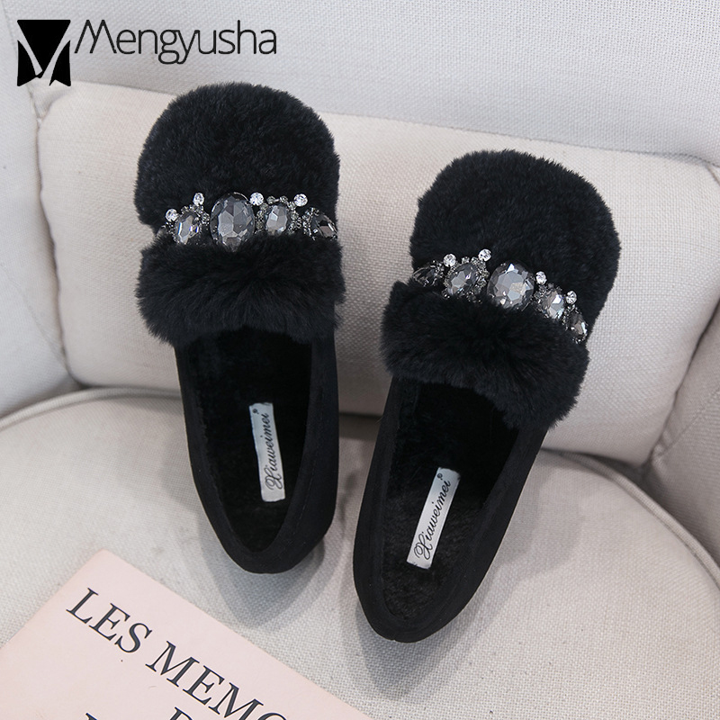 fur hair Rabbit Ladies 43333 shoes big size rhie winter plush cotton loafers flat heels crystal creepers new moccasins women