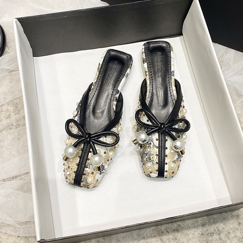 Pearl Bow-knot slippers women cover flat slides summer beach shoes female sandalias square toe studs print mules mu a8fe