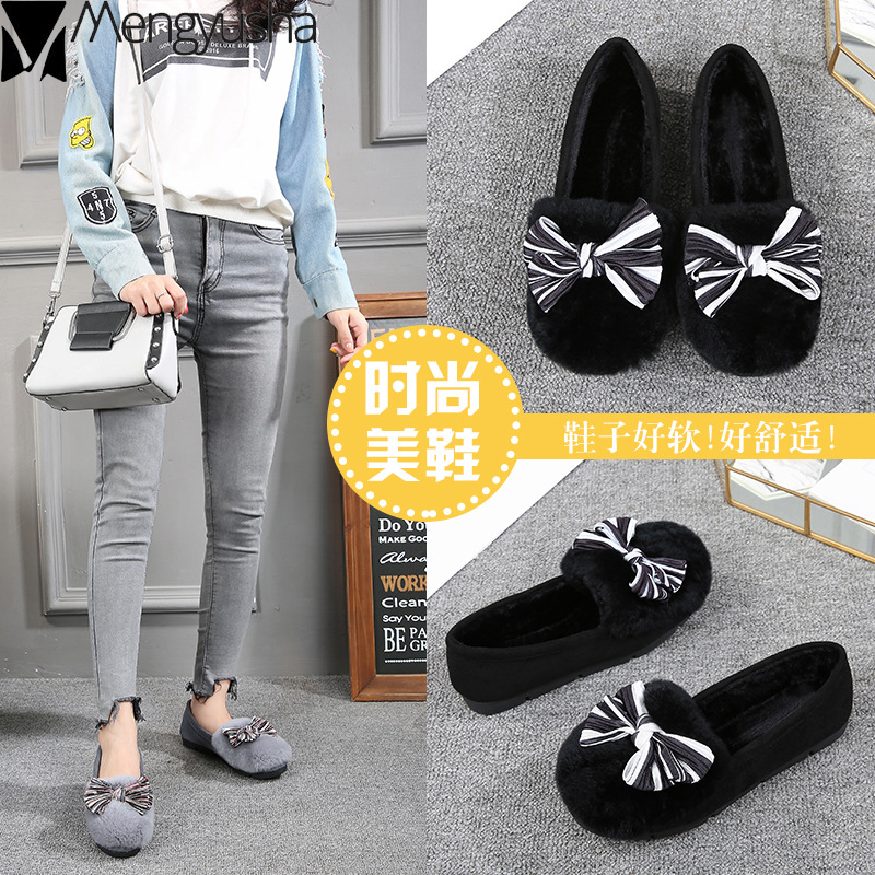 sizes Plus 6c4da 42 41 woman cotton shoes winter rabbit fur plush flats striped bowknot creepers comfy loafers casual female moccasins