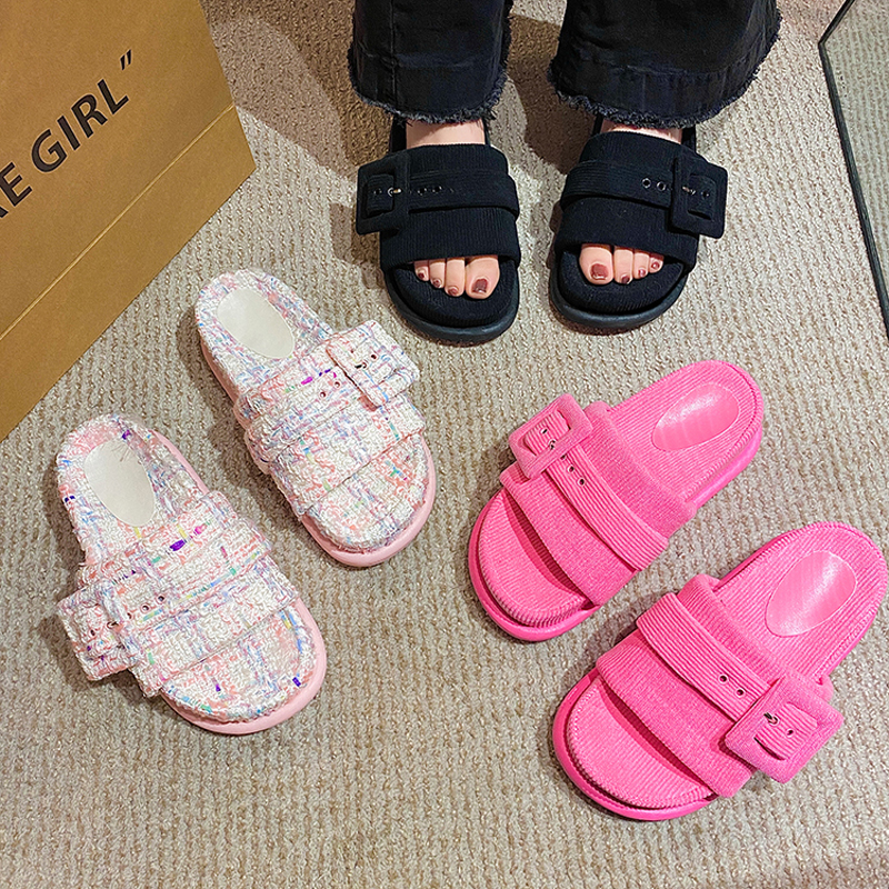 Thicken 2023 Soled Platform Slippers Woman Buckle Band Slides Tweed Cloth Shoes Ladies Muffins Flipps Elevated Sandals Femmes