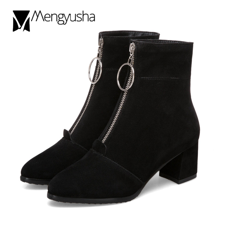 zipper Veet front mid-calf short booties women winter plush warm shoes botas big size 42 43 thick heels ladies riding boots f604