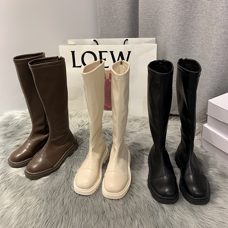 Shoes Women's Leather Boots Boots-Women Sexy Thigh High Heels High Sexy Round Toe 2021 Over-the-Knee Ladies Low Rubber White