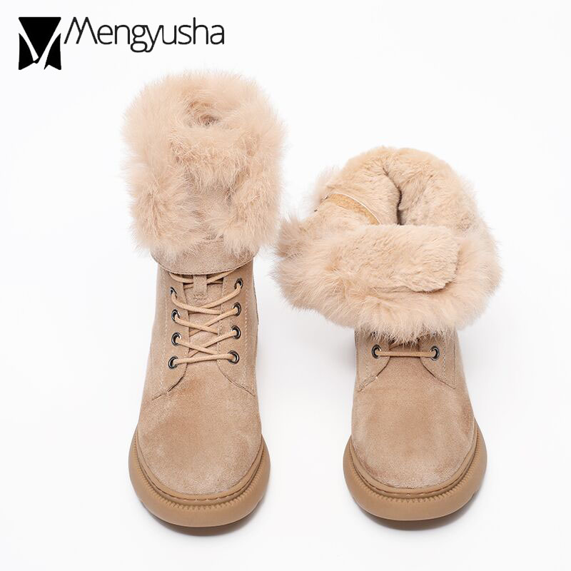rabbit fur 2023 snow boots women suede leather thicken plush winter booties cotton shoes woman furry ankle botas big size 43 23ae ry