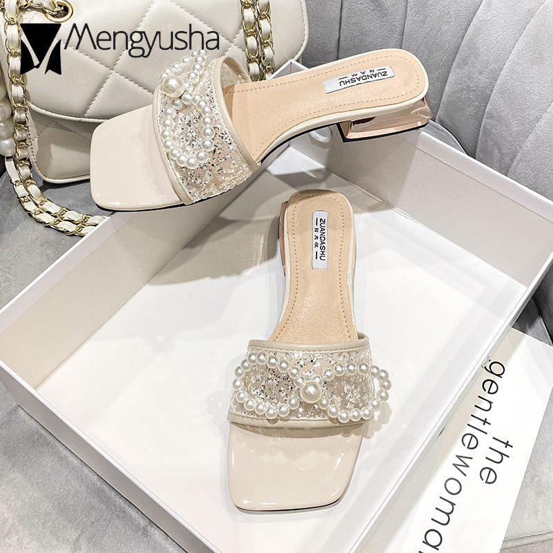 Pearl Brand European Bow Sandals Women String Beaded Slippers Square Low Heel Open Toe Flipps Ladies Beach Slides Shoes Woman