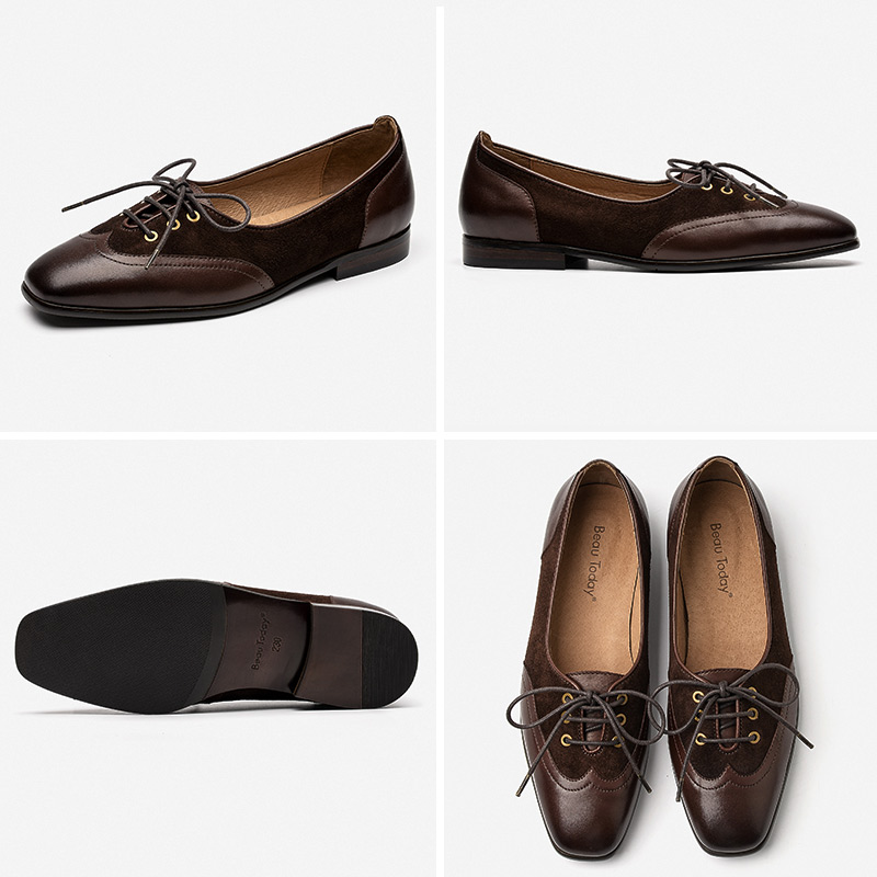 Calfskin & Suede Leather Square Toe Lace Up Flats Casual Shoes for Women 4