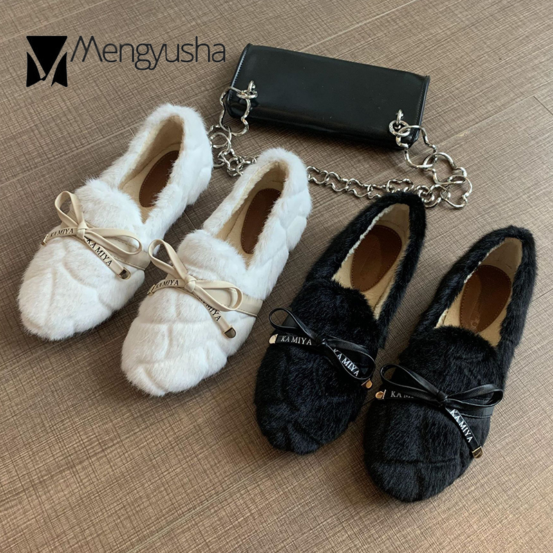 fur Plaid 46f36 flats Winter women pu butterfly-knot cotton shoes woman fairy fleeces loafers comfy plush fluffy moccasins female